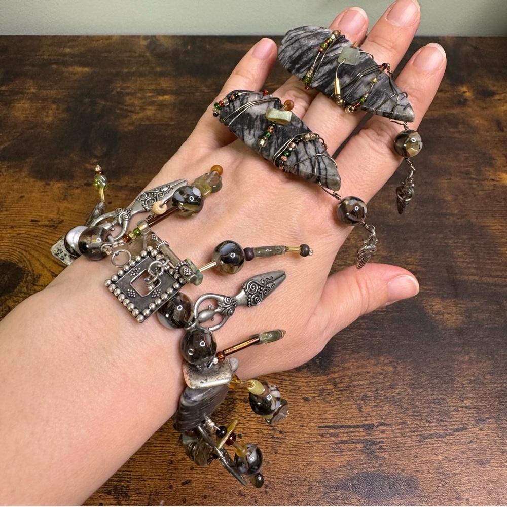 Picasso Jasper Bracelet & Earrings 925 Clasp Goddess of Fertility Charms
